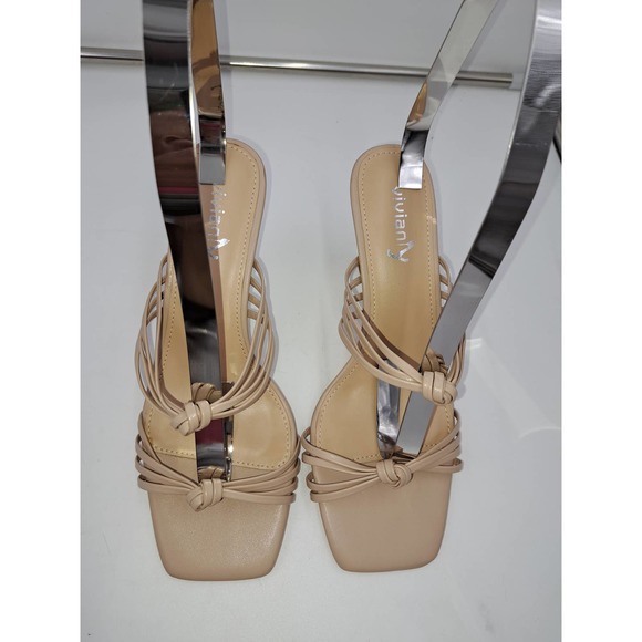 Vivianly Tan Open Toe Strappy Knotted Skinny to Wide Heel Slip On Mules 8 - Picture 3 of 7
